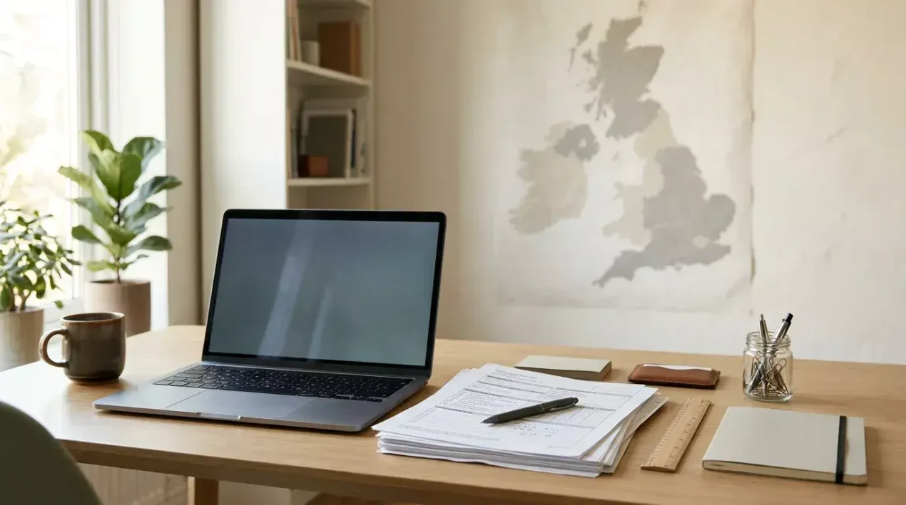 A calm desk scene showing a UK casino status checklist and regulator search notes