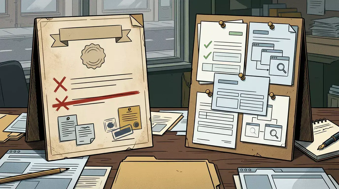 A side by side evidence board comparing a closure notice and a register check